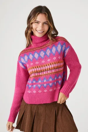 Forever 21 Knit Women's Turtleneck Geo Print Sweater Pink/Multi Forever 21