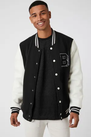 Forever 21 Men's Chenille Patch Letterman Varsity Jacket Black/Cream Forever 21