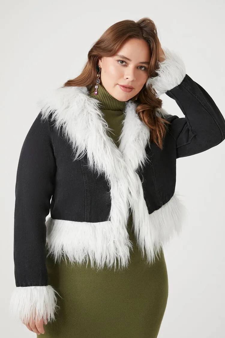 Forever 21 Plus Women's Cropped Faux Fur Denim Jacket Black/White Forever 21