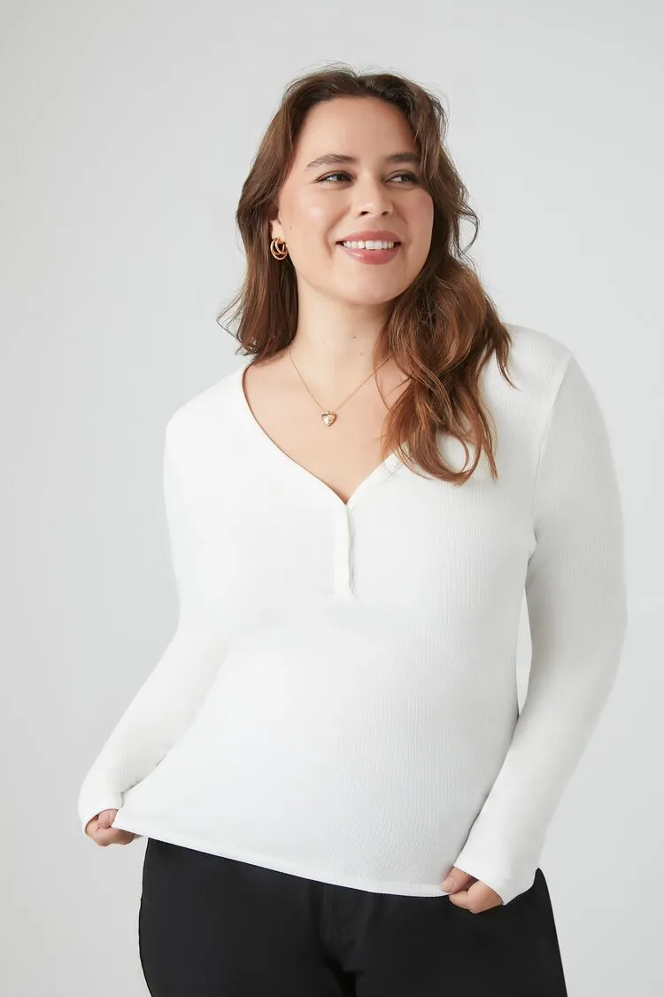 Forever 21 Plus Women's Fitted Henley Top White Forever 21