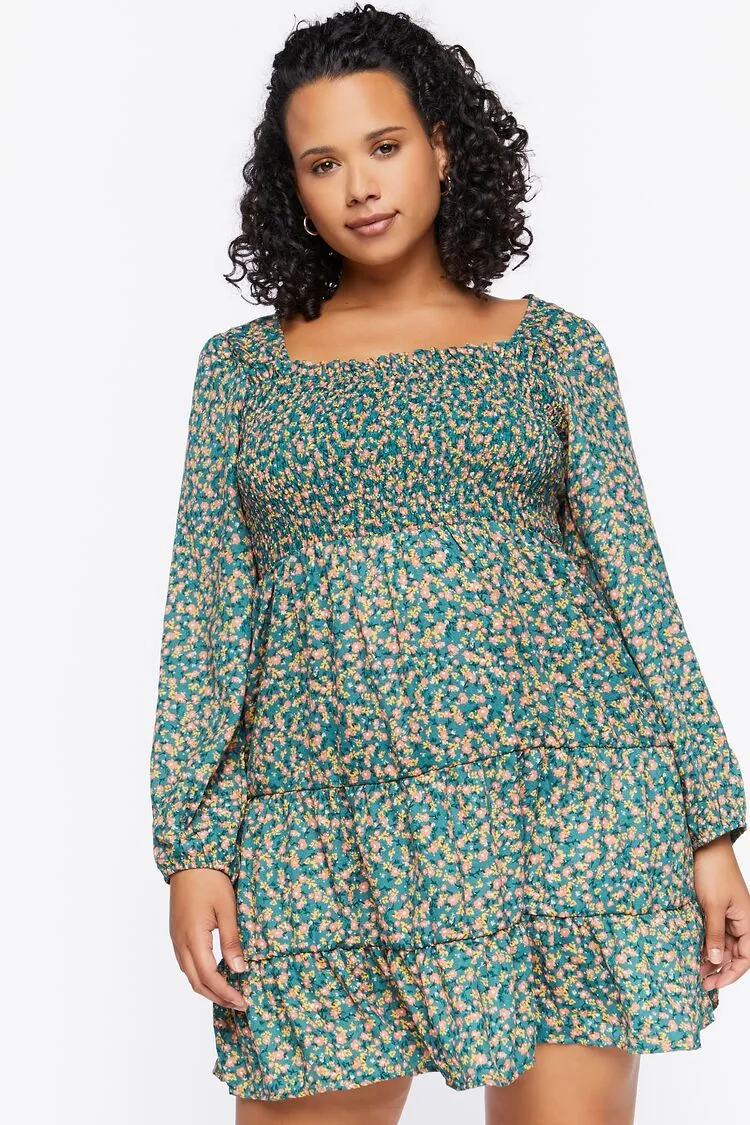 Forever 21 Plus Women's Floral Print Mini Dress Green/Multi Forever 21