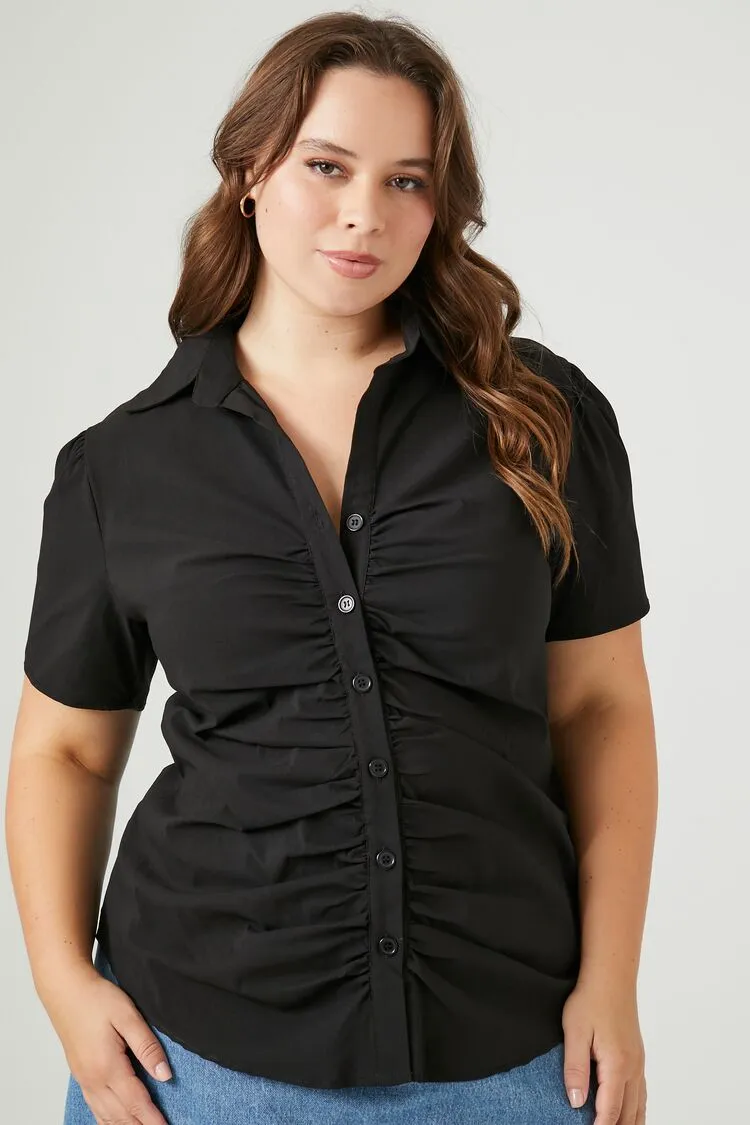 Forever 21 Plus Women's Ruched Button-Front Shirt Black Forever 21