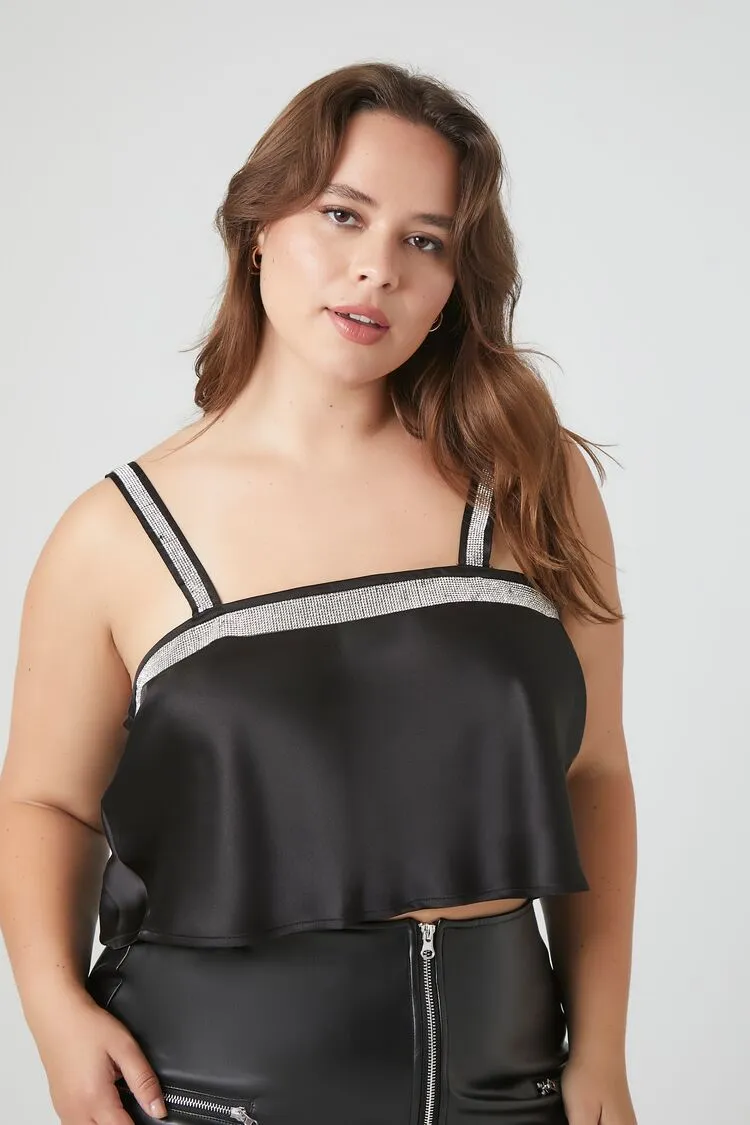 Forever 21 Plus Women's Satin Rhinestone-Trim Crop Top Black Forever 21