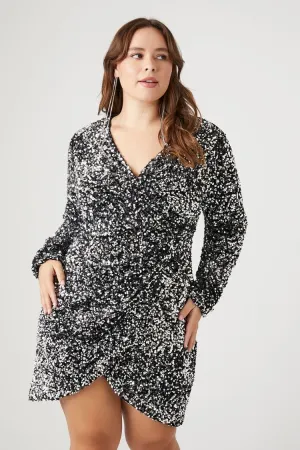 Forever 21 Plus Women's Sequin Mock Wrap Mini Dress Silver/Black Forever 21