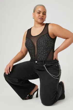 Forever 21 Plus Women's Sheer Rhinestone Bodysuit Black Forever 21
