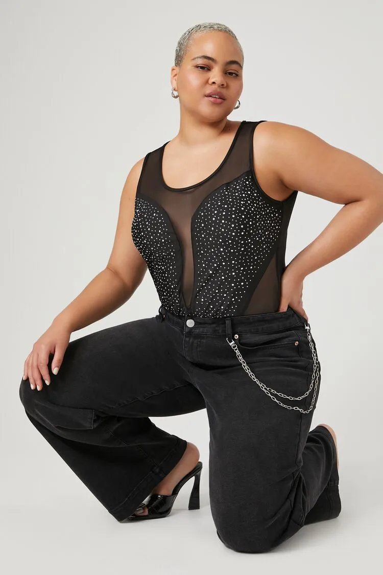 Forever 21 Plus Women's Sheer Rhinestone Bodysuit Black Forever 21