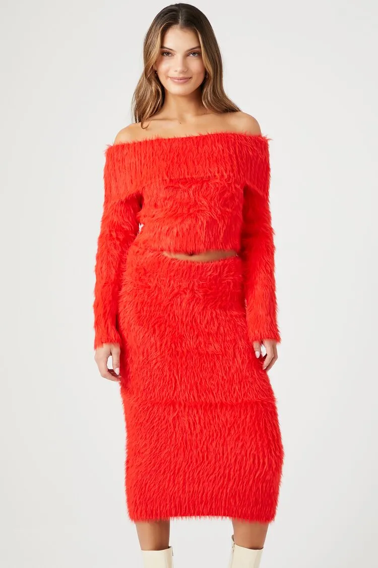 Forever 21 Women's Faux Fur Maxi Skirt Fiery Red Forever 21