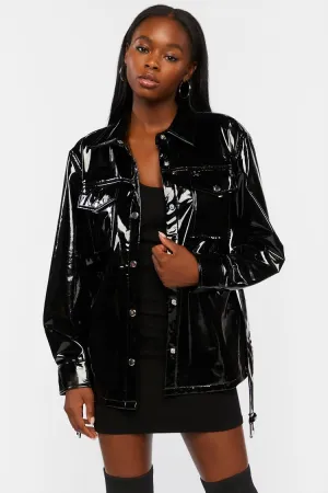 Forever 21 Women's Faux Patent Leather/Pleather Belted Jacket Black Forever 21