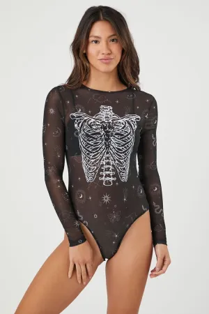 Forever 21 Women's Sheer Skeleton Graphic Bodysuit Black/White Forever 21
