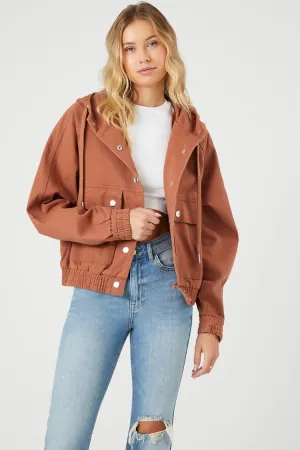 Forever 21 Women's Twill Drawstring Hooded Jacket Brown Forever 21